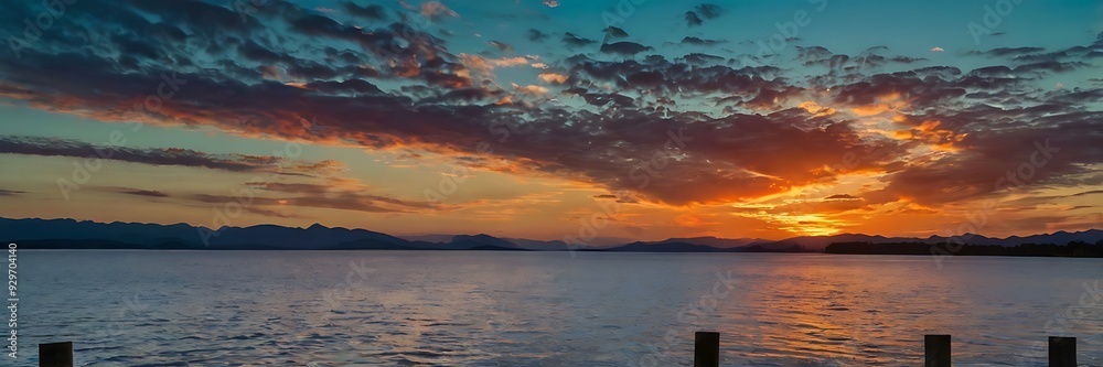 Fototapeta premium Beautiful sunrise view in the morning by a lake and mountains with sun and clouds in horizon landscape