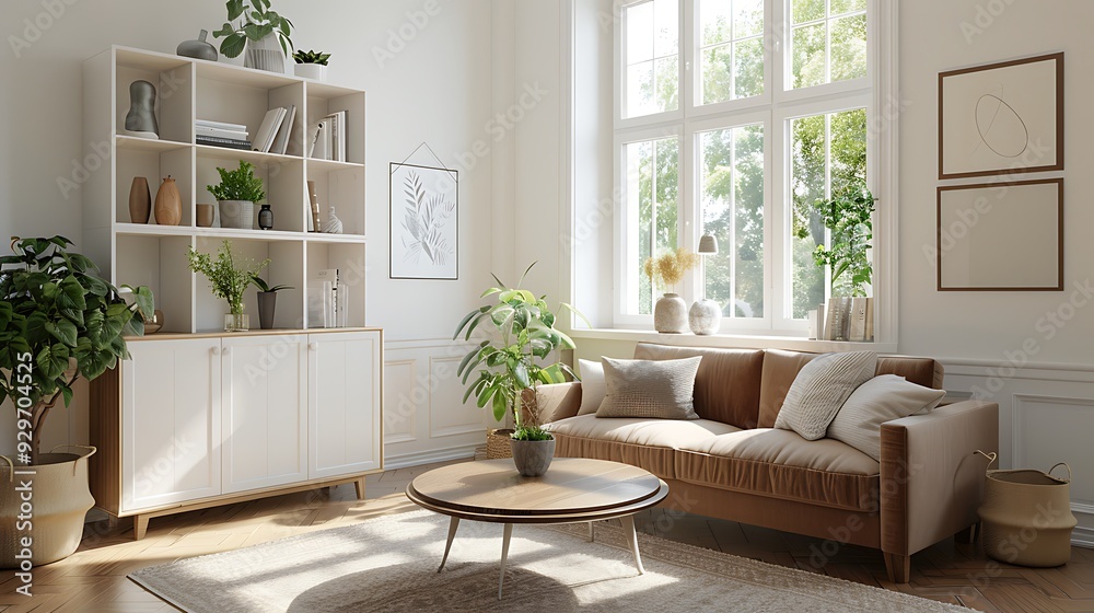 Modern living room with a brown sofa, white shelving unit, large window, and plants.