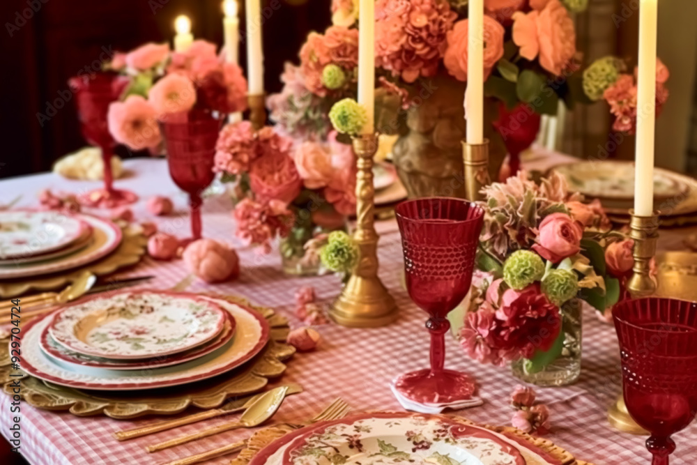 Romantic holiday tablescape, formal dinner table setting, table scape with pink country style decoration for wedding and event celebration, post-processed, generative ai Romantic holiday tablescape, formal dinner table setting, table scape with pink country style decoration for wedding and event celebration, post-processed, generative ai