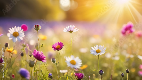  A lush meadow filled with a spectrum of flowers, all illuminated by the soft glow of sunlight.