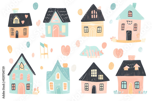 Cute adorable tiny houses watercolor collection in pink pastel colors, isolated on a white background 