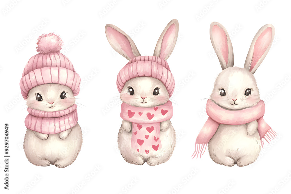 Cute adorable tiny bunny collection with warm hat and scarf isolated on a white background Cute adorable tiny bunny collection with warm hat and scarf isolated on a white background