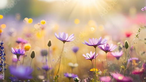 A field of vibrant flowers under a warm, glowing sun, their petals shining brightly.