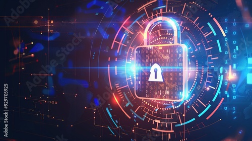 Cybersecurity Concept: Digital Padlock with Binary Code and Futuristic Circles on a Blue and White Background