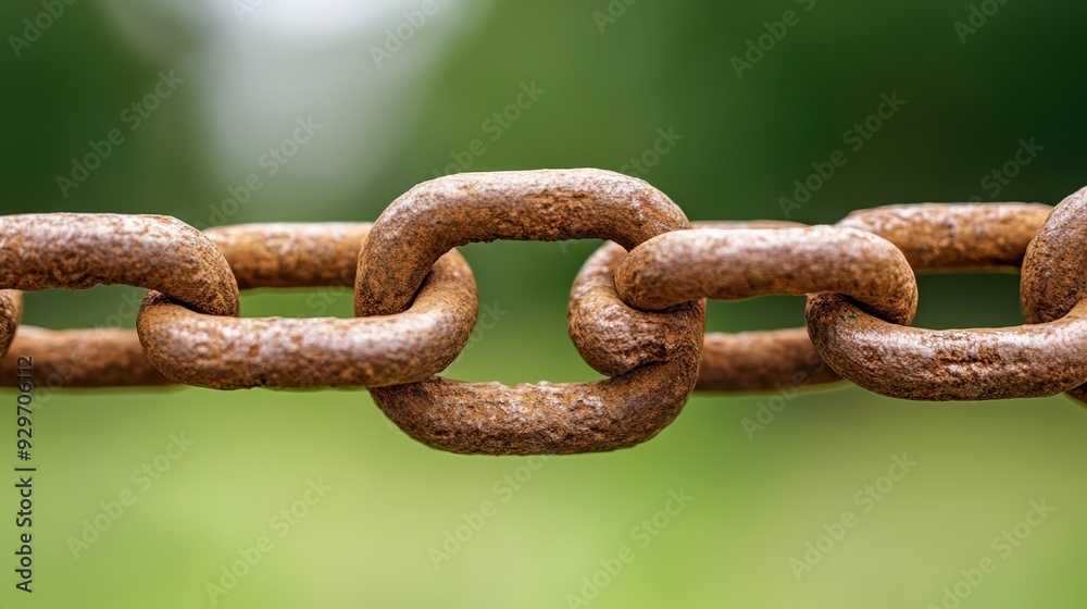 Close-up of an old, rusty chain link against a blurred green background, symbolizing strength and connection. Close-up of an old, rusty chain link against a blurred green background, symbolizing strength and connection.
