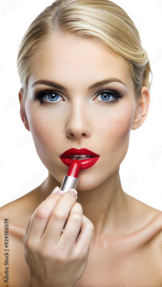 Woman applying lipstick isolated on transparent background Woman applying lipstick isolated on transparent background
