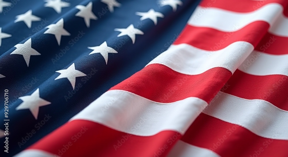 Obraz premium Close-up American flag, vibrant red and blue tones, ideal for Independence Day, Labor Day marketing, showcasing patriotism, copy space available.