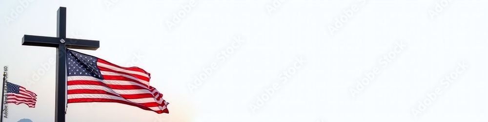 Obraz premium American flag with Christian cross banner, white background, copy space for text, patriotic themes, perfect for marketing, religious events, and celebrations.