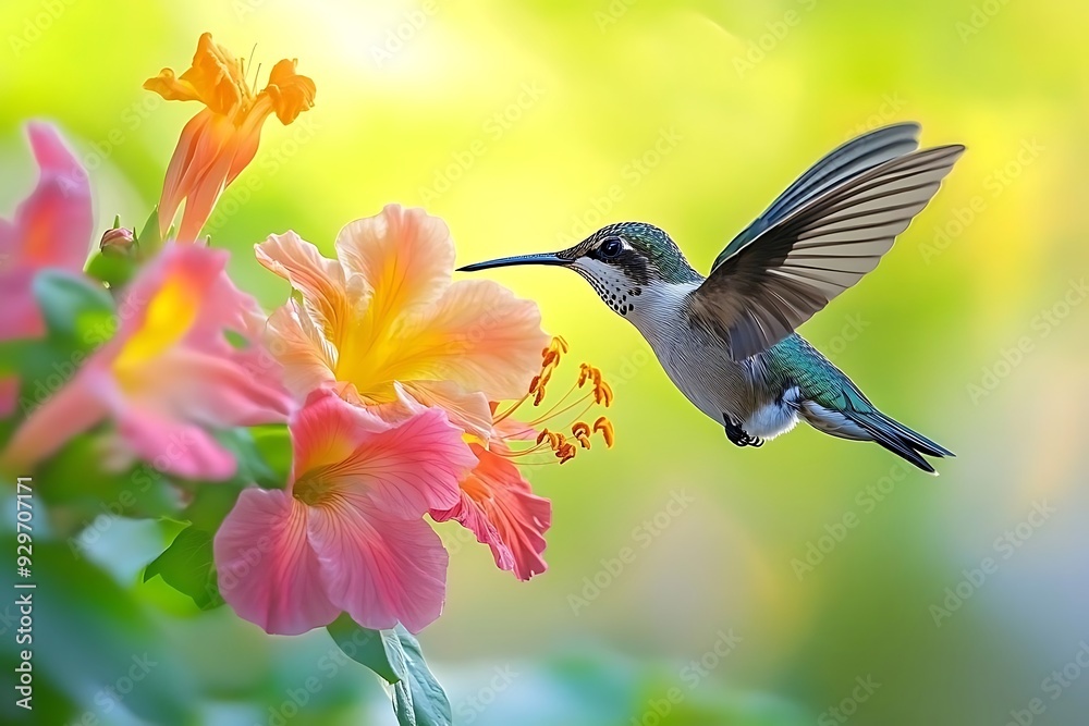 Naklejka premium Hummingbird in Flight, Nectar, Flowers, Yellow Green Blurred Background, Close Up, Wildlife Photography