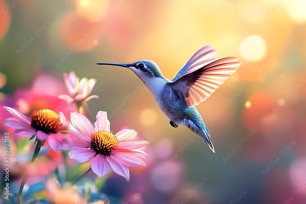 Hummingbird in Flight with Pink Flowers and Golden Sunset Background Illustration Hummingbird in Flight with Pink Flowers and Golden Sunset Background Illustration