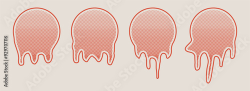 Circle blobs melting with halftone effect. Black dots and pop art texture. Retro vector illustration