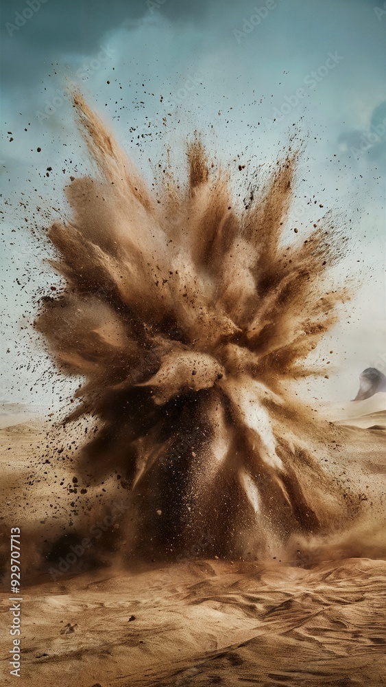 Explosion of dry sand in a desert landscape, with a faint blue and orange hue Explosion of dry sand in a desert landscape, with a faint blue and orange hue