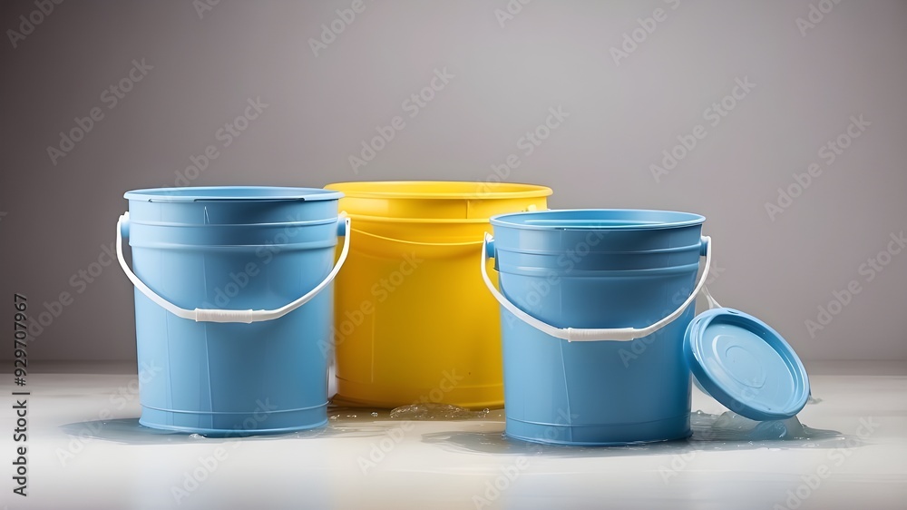 water-filled plastic buckets against a white background water-filled plastic buckets against a white background