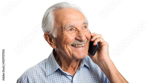 Elderly man using smartphone isolated on transparent background