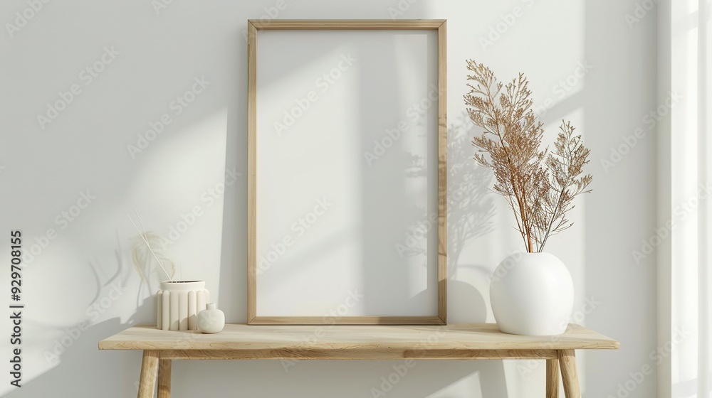 3D Render of a White Room Mock Up Frame with Natural Wooden Table and Decor in a Home Interior Setting 3D Render of a White Room Mock Up Frame with Natural Wooden Table and Decor in a Home Interior Setting