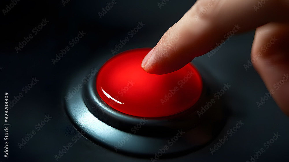 Hand pressing the glowing red button. Hand pressing the glowing red button.