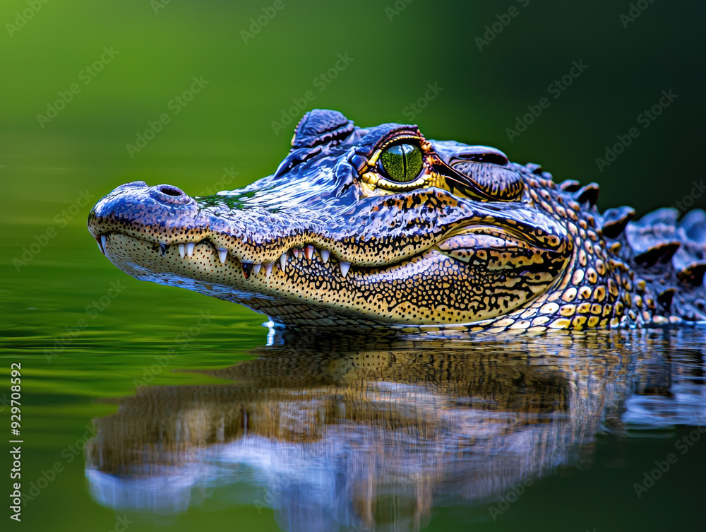 Fototapeta premium Close-up of a crocodile head peeking out of water with vibrant colors and detailed scales, showcasing the reptile in its natural habitat.