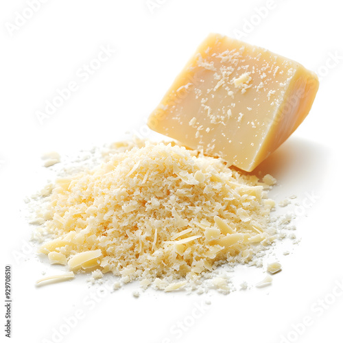 Tasty Grated Parmesan hard cheese isolated on white background