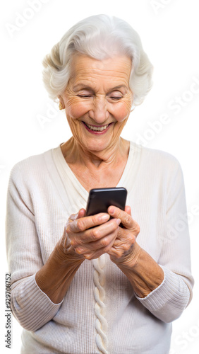 Elderly woman using smartphone isolated on transparent background