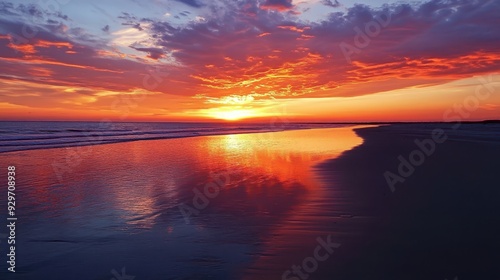 A stunning sunset over a tranquil beach, reflecting vibrant colors on the water.