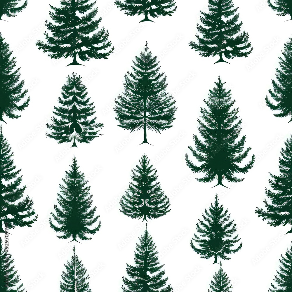 A Seamless Pattern of Green Evergreen Trees on a White Background A Seamless Pattern of Green Evergreen Trees on a White Background