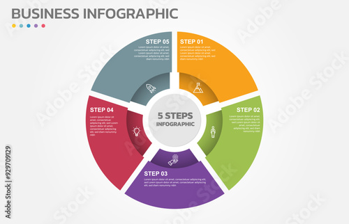 Visual data presentation. Cycle diagram with 5 options. Pie Chart Circle infographic template with 5 steps, options, parts, segments. Business concept. Editable pie chart with sectors. Single layer.