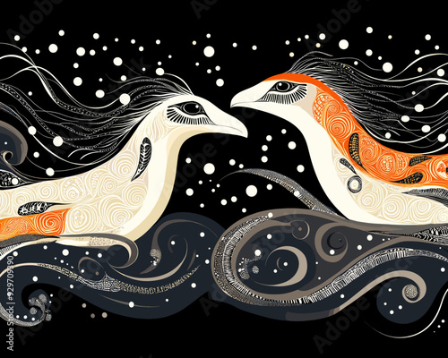 Stylized Birds with Flowing Hair-Like Feathers in Abstract, Swirling Design on Black Background