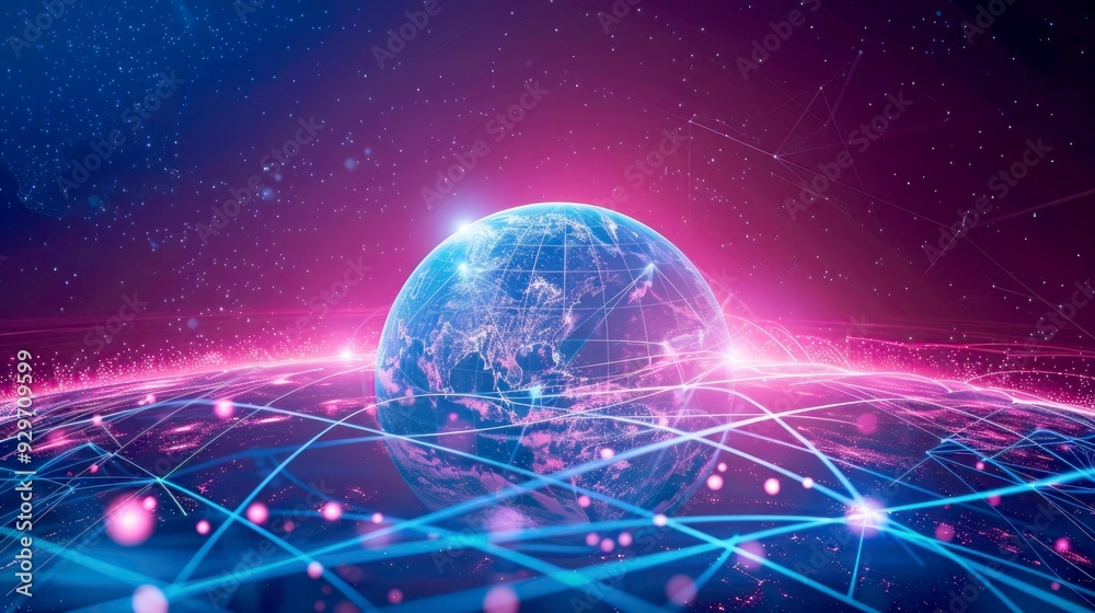 Obraz premium A Digital Network Surrounding the Earth with a Pink and Blue Background