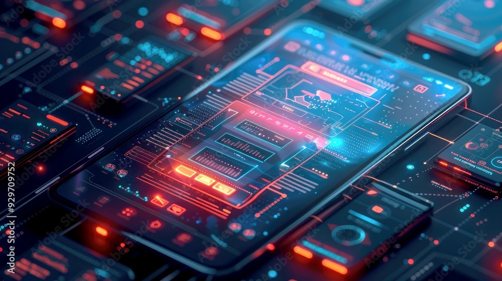 Futuristic Interface of Smartphones with Red and Blue Glowing Lights Futuristic Interface of Smartphones with Red and Blue Glowing Lights