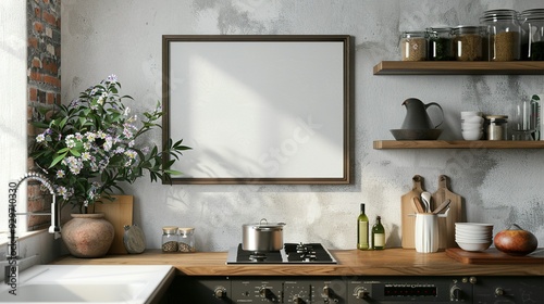 Fototapeta Naklejka Na Ścianę i Meble -  3D Render of a Farmhouse Kitchen Interior Featuring a Mock Up Poster Frame