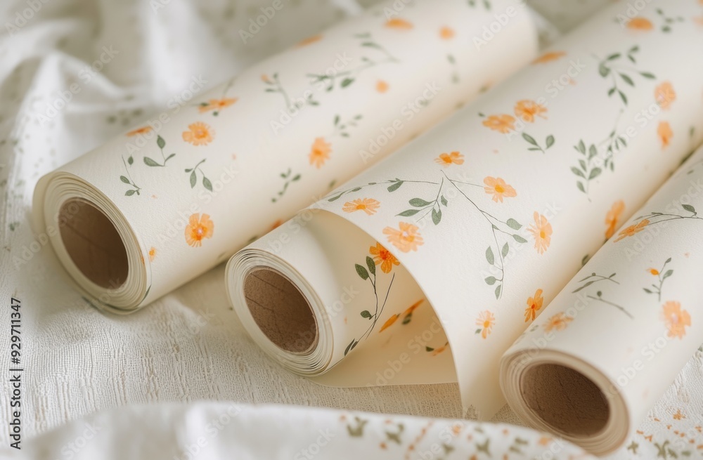 Three decorative rolls of paper featuring a spring-inspired floral design with orange and yellow flowers, evoking a sense of freshness and creativity. Perfect for crafting and decoration projects. Three decorative rolls of paper featuring a spring-inspired floral design with orange and yellow flowers, evoking a sense of freshness and creativity. Perfect for crafting and decoration projects.