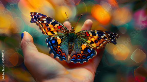 Beautiful majic butterfly flying around flowers ai generative photo