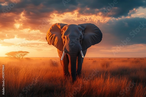 African Elephant Standing in Tall Grass at Sunset Realistic Image photo