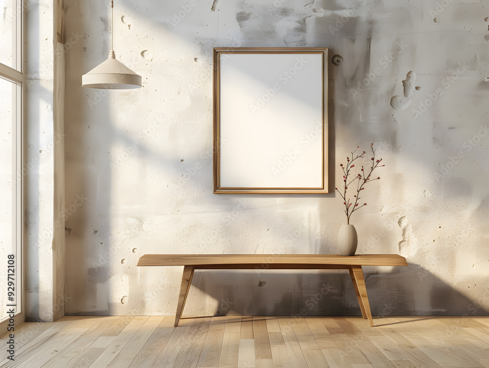Fototapeta premium Blank frame on the wall of home or office interior. Neural network AI generated art