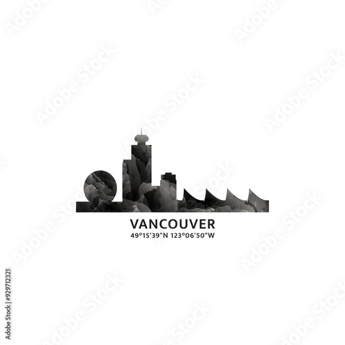 Vancouver panorama, vector badge, skyline logo and icon. Canada, British Columbia province city horizon logotype with landmarks and building silhouettes. Isolated foggy abstract gradient graphic