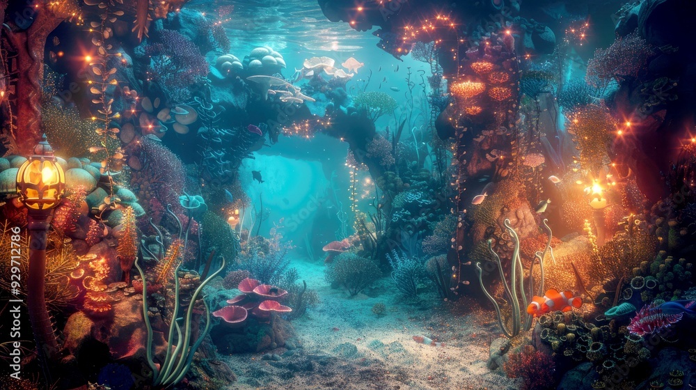 Fototapeta premium photo of fish on the seabed with colorful coral reefs