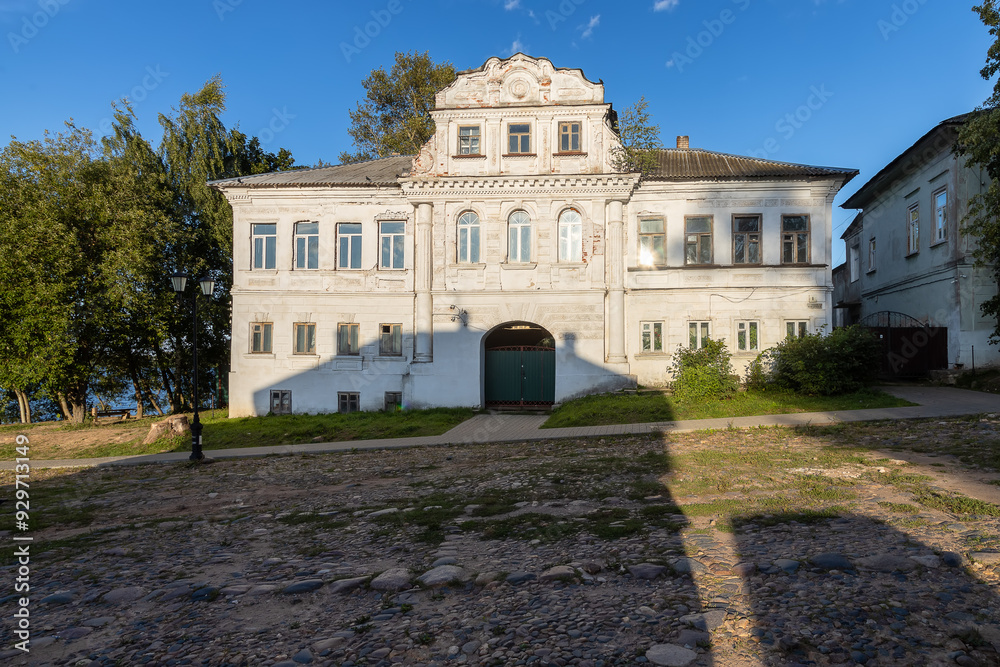 Historic Ryzhkov Merchant House in Kalyazin, Russia, a preserved 19th-century building with classic architectural details Historic Ryzhkov Merchant House in Kalyazin, Russia, a preserved 19th-century building with classic architectural details