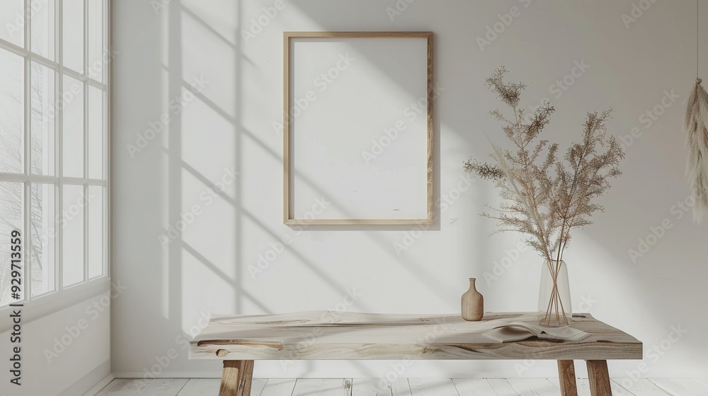 Mock Up Frame in Home Interior Background: White Room with Natural Wooden Table and Decor, 3D Render Mock Up Frame in Home Interior Background: White Room with Natural Wooden Table and Decor, 3D Render
