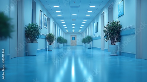 Wallpaper Mural A long, empty hospital corridor with blue walls, a blue floor, and plants in white pots. Torontodigital.ca