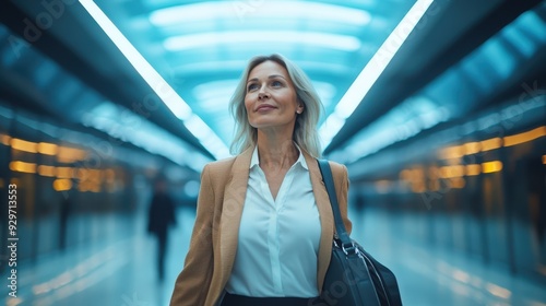 senior businesswoman walking through a modern airport terminal, travel and global business leadership photo