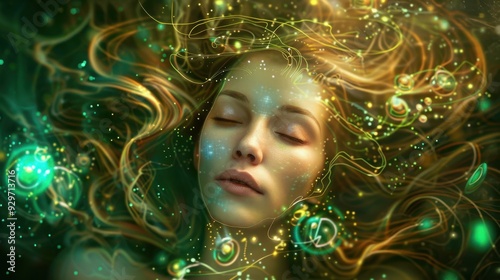 Golden-haired Serenity: mystical woman amidst space spheres on a fuzzy dark gold background