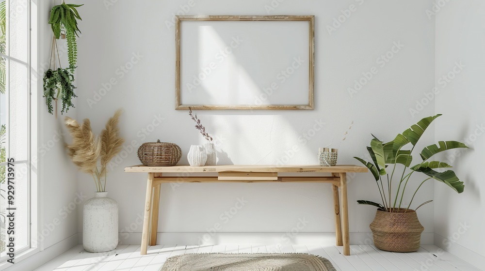 Mock Up Frame in Home Interior Background: White Room with Natural Wooden Table and Decor, 3D Render Mock Up Frame in Home Interior Background: White Room with Natural Wooden Table and Decor, 3D Render