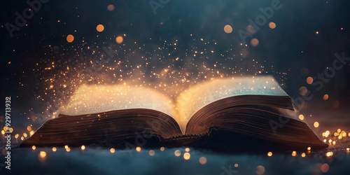 An open book emanates magical, glowing sparkles with an enchanting light. The scene captures a sense of wisdom, imagination, and otherworldly knowledge in a fantastical setting. photo