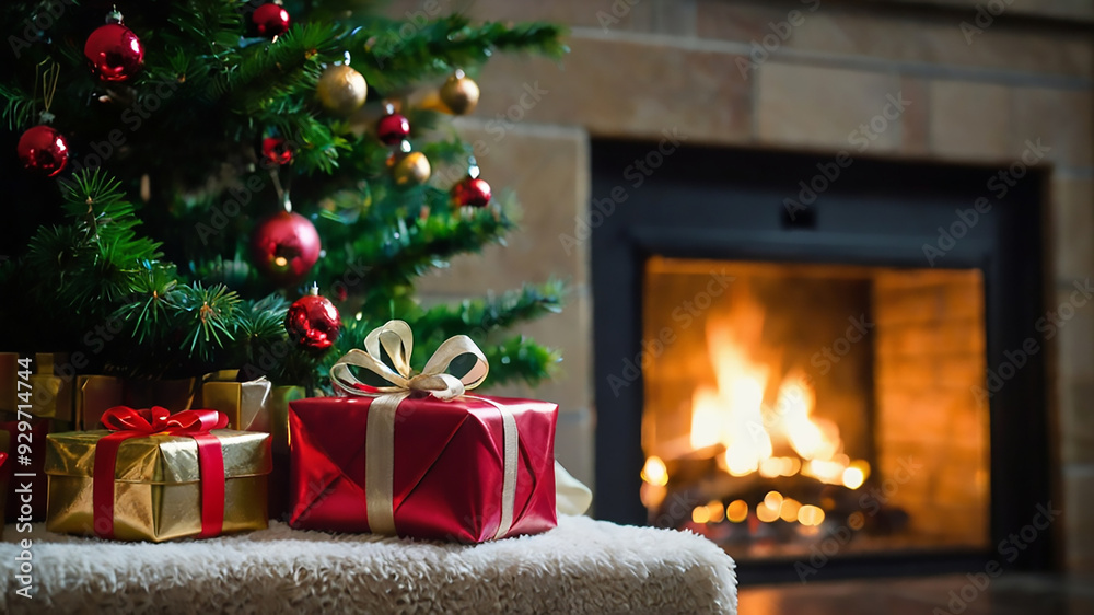 Christmas Tree with Decorations Near a Fireplace with Lights Christmas Tree with Decorations Near a Fireplace with Lights
