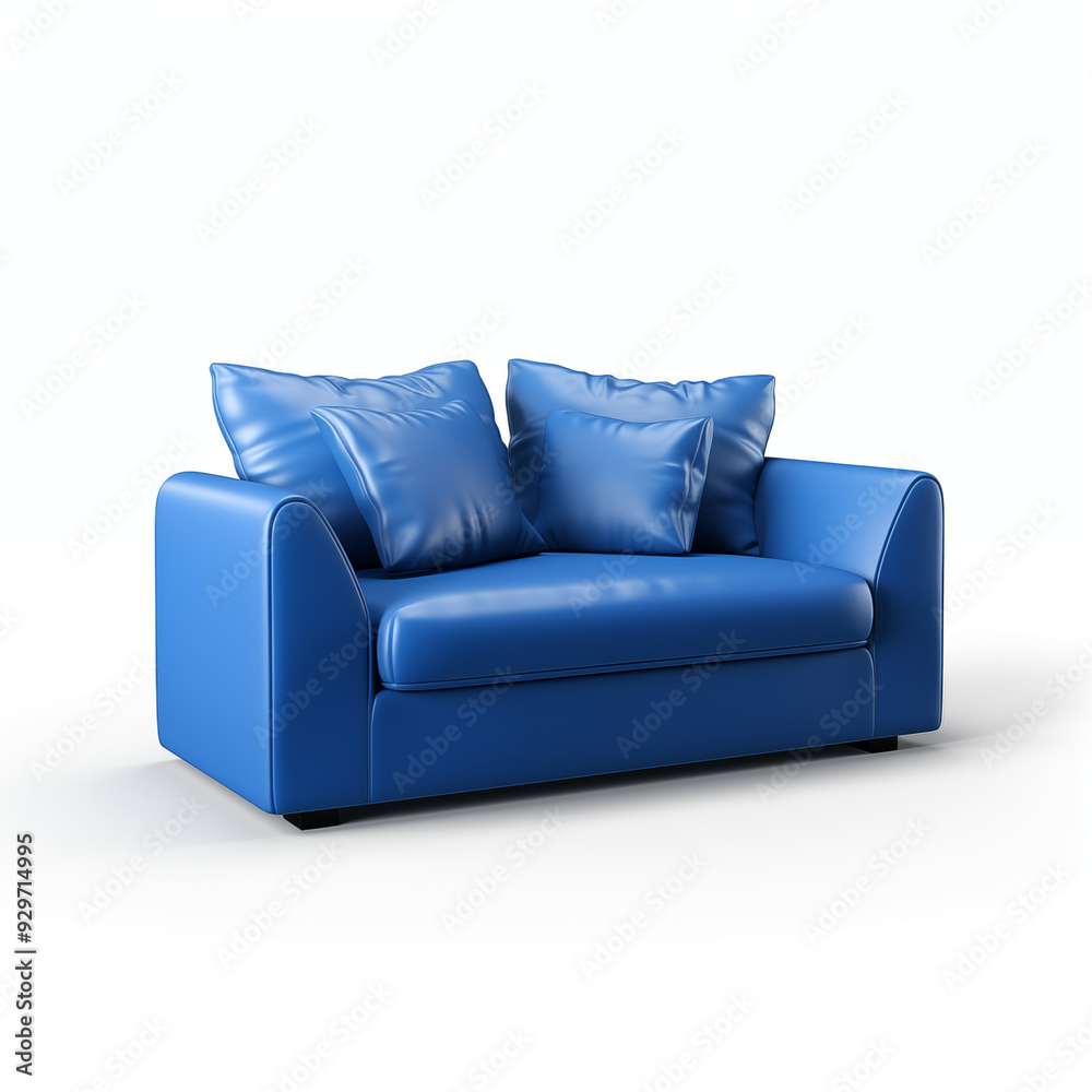 Blue Leather Sofa with Pillows Isolated on White Background Blue Leather Sofa with Pillows Isolated on White Background