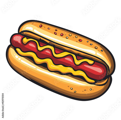 Hot dog in bun with mustard, ketchup and sesame seed cartoon illustration, generative ai
