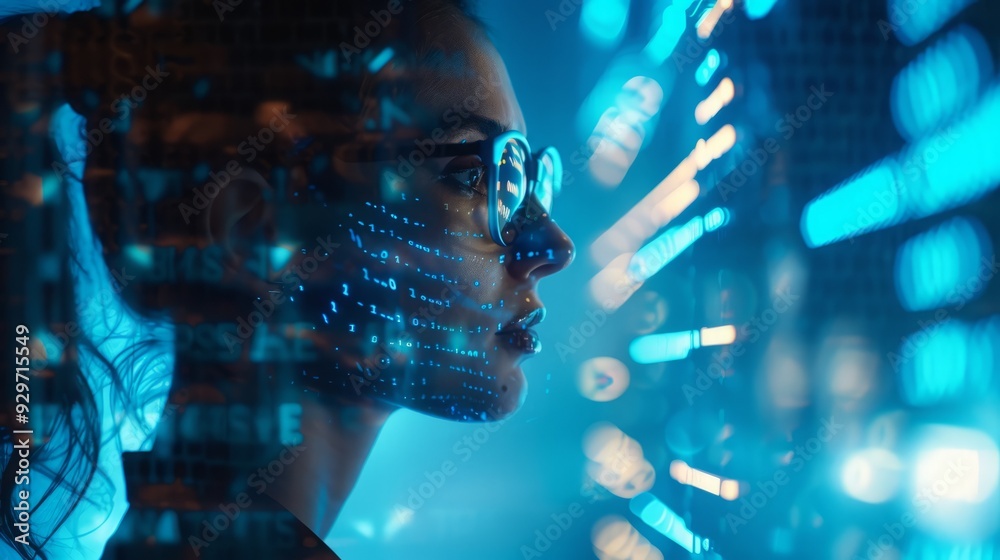 custom made wallpaper toronto digitalA young woman with glasses stares intensely at a digital screen, with abstract blue lights