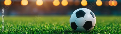 A closeup of a classic black and white soccer ball resting on freshly trimmed green grass, with stadium lights glowing in the background iconic and vibrant