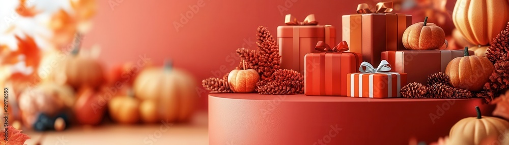 Obraz premium Autumn scene with vibrant pumpkins and colorful gifts, perfect for festive celebrations and seasonal decorations.