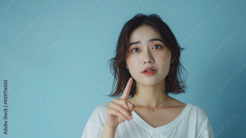 Young woman pointing with a serious expression. Young woman pointing with a serious expression.
